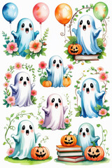 Obraz premium Cute Watercolor Halloween Ghosts Clipart Set with Pumpkins and Balloons for Kids