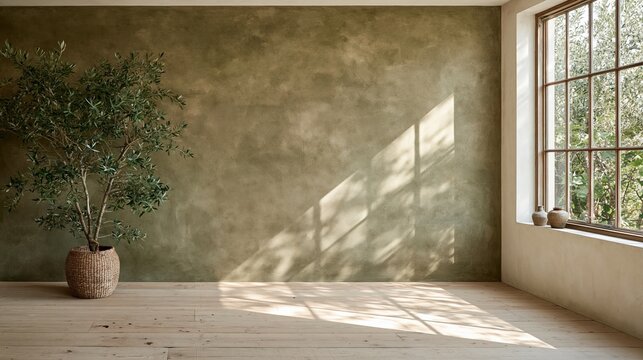 Olive green wall in an empty room with a potted tree and sunlight for interior design and home renovation copy space