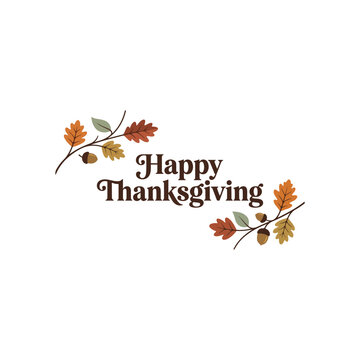 Happy thanksgiving greeting card design with decorative autumn oak leaves and acorns on a white background