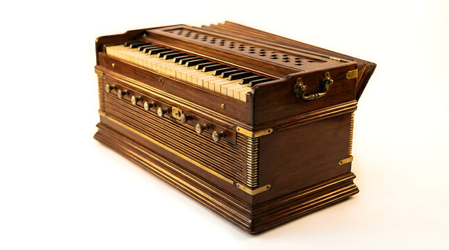 Harmonium on White Background, Vintage Musical Instrument, Wooden Design, Classical Music Concept, Decorative Element.