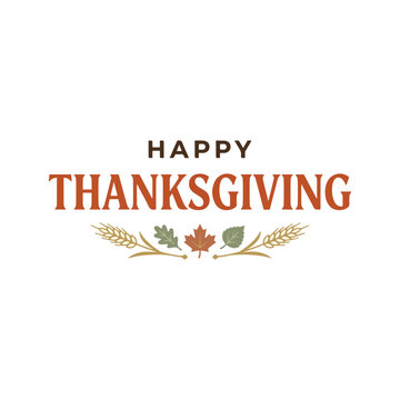 Happy thanksgiving greeting card design with elegant typography and decorative autumn leaves on a white background