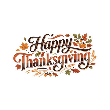 Happy thanksgiving typography design with colorful autumn leaves and fall foliage elements on a white background