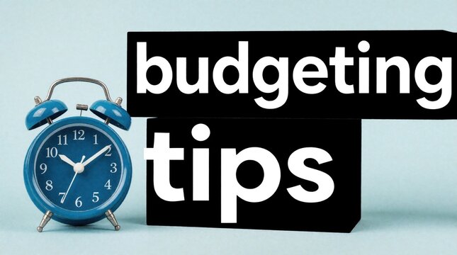 Blue alarm clock sits near black signs with white text budgeting tips. Concept for time management, financial planning. Save money, control spending with smart economic strategies. Organize personal