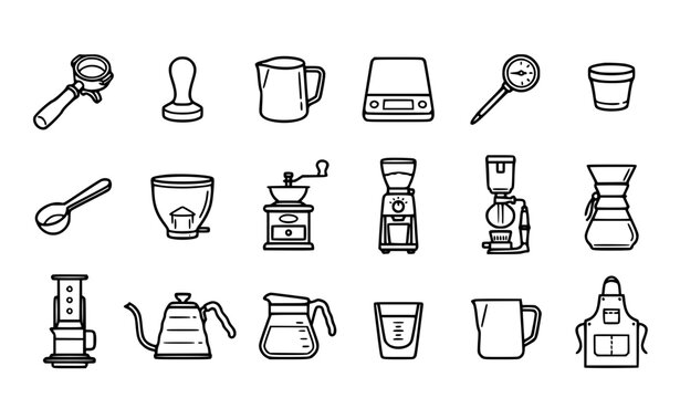 Barista Coffee Brewing Tools Outline Icon Collection with Grinder Tamper Kettle and Espresso Vector