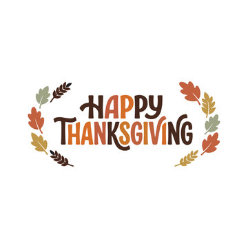 Happy thanksgiving greeting card design with colorful autumn leaves and wheat stalks on a white background