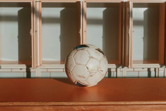 Soccer ball resting on a scratched wooden bench in a locker room, featuring a worn texture for sports preparation and anticipation campaigns