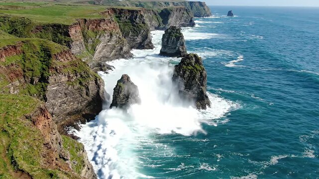 Ocean waves crashing against steep rocky coastal cliffs.