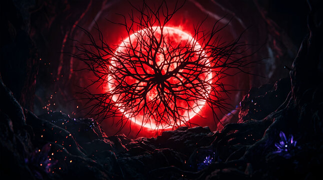 Glowing red circular portal with intricate dark branch like patterns