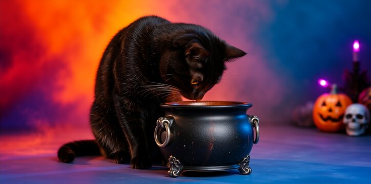 Black cat looking into a cauldron. Halloween concept with skull and jack-o'-lantern. Colorful smoky background