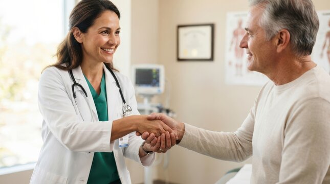 Female doctor shaking hands with senior male patient in medical office