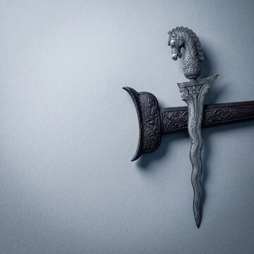 Traditional Indonesian Kris Dagger with Ornate Carved Hilt and Wavy Steel Blade Beside Wooden Scabbard