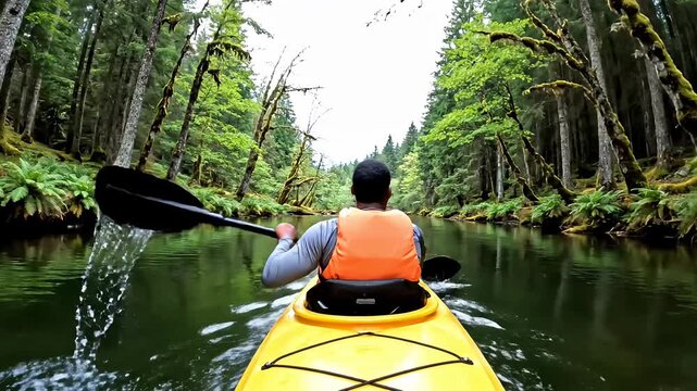 Person kayaking through green forest river in autumn.