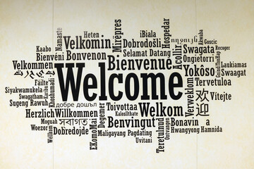 Multilingual welcome greetings in different languages creating an international typography background © AJITH.A