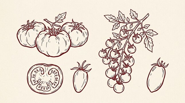 Vector drawn art tomatoes collection featuring whole fruits sliced cross-section cherry tomato cluster individual vine produce tomatoes vegetable vegetables