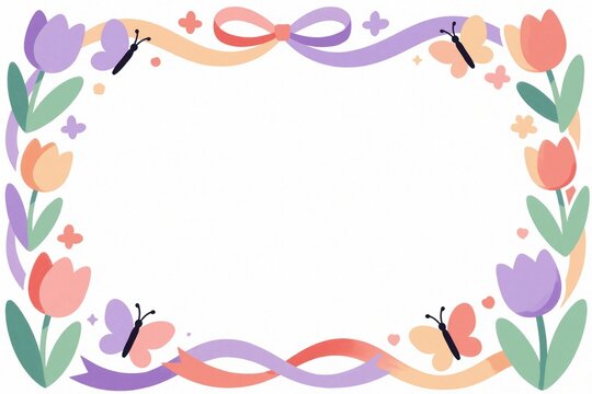 Cute spring floral border with tulips and butterflies on white background. Ribbon accents adorn pastel colored frame. Perfect for greeting cards.