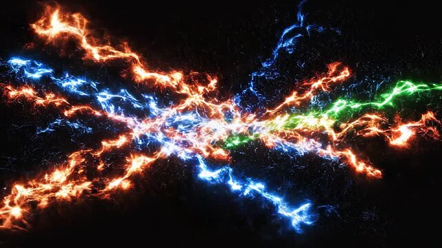 Energetic light trails converging and diverging with vibrant neon colors against a dark background