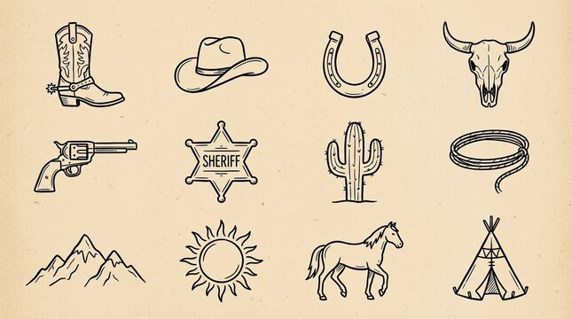Vector drawn art wild west elements set featuring cowboy boots hat horseshoe skull gun sheriff badge cactus lariat mountains sun horse and teepee icons, horseshoe