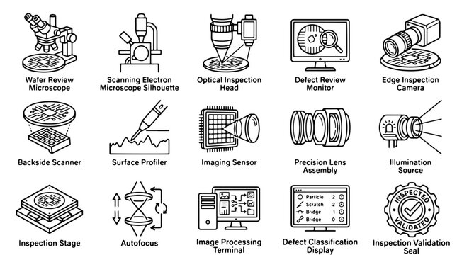 Semiconductor inspection icons set, 15 industrial wafer review line icons. Optical microscope and defect classification vector graphics.