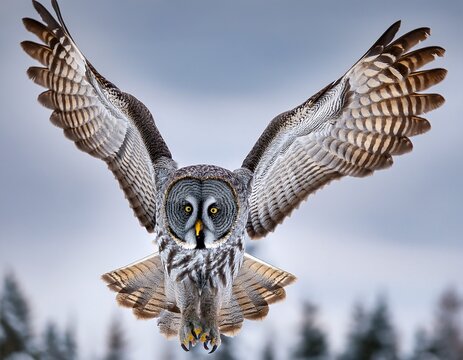 a majestic great gray owl in mid flight with wings fully extended