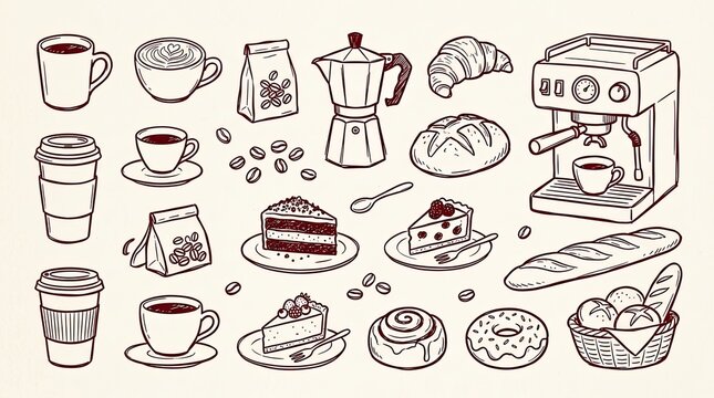 Vector drawn art coffee and bakery elements set hand drawn espresso machine pastries cake bread coffee beans with espresso pastries croissant cappuccino
