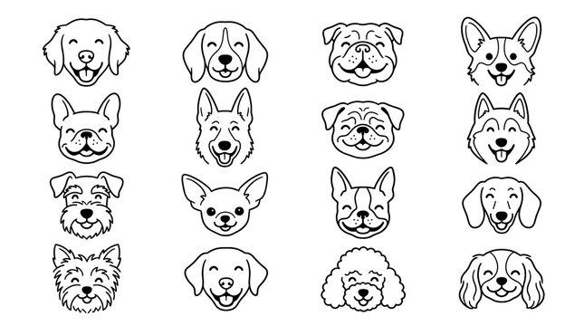 Vector drawn art various dog breeds heads smiling expressions line art collection with portrait collection expression shepherd chihuahua dachshund illustration