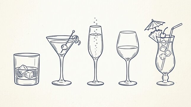 Vector drawn art cocktail glasses and alcoholic drinks set whiskey martini champagne wine vector illustration with cocktail champagne beverage illustration