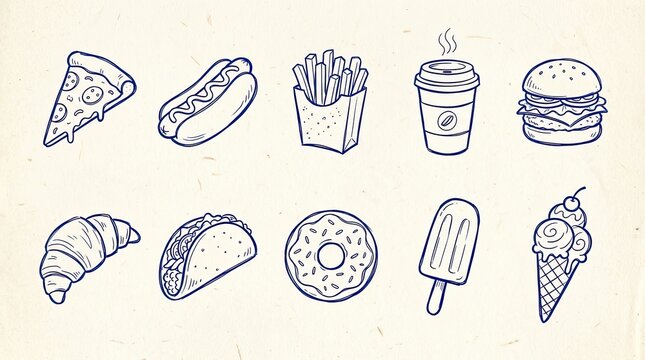 Vector drawn art fast food and bakery items set pizza hot dog french fries burger vector illustration with croissant icecream illustration collection delicious