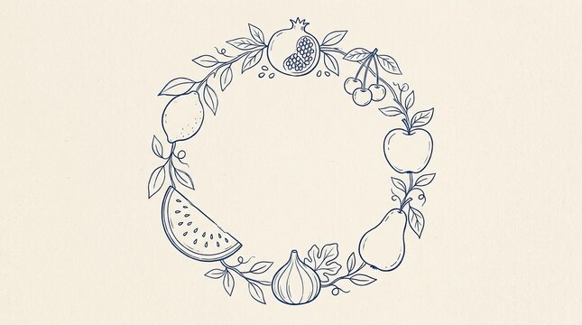 Vector drawn art fresh fruits wreath circular frame lemon apple pear fig watermelon vector illustration with watermelon pomegranate circular illustration