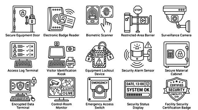 Security system icons set showing access control biometric scanner and surveillance cameras