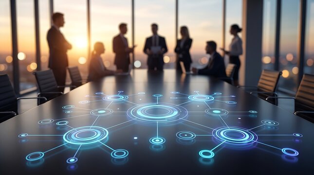 Business team in morning boardroom meeting with glowing digital node network projected on table surface representing centralized data connectivity and strategic corporate planning