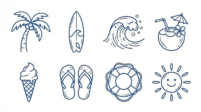 Vector drawn art summer beach vacation elements palm tree surfboard wave coconut drink sketch set with ice cream flip flops surfboard lifebuoy illustration