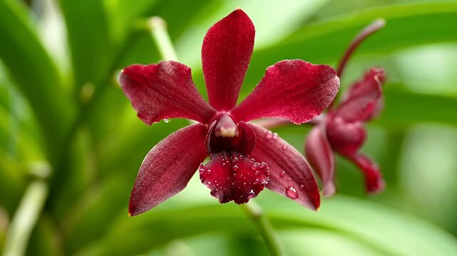 Red orchid flower blooming in tropical setting.