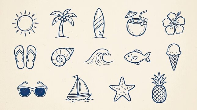 Vector drawn art summer vacation elements set beach icons doodle sketch style with vacation surfboard sunglasses starfish pineapple