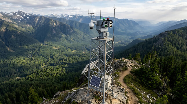 AI production chain and use. Remote Communication Tower on Mountain Peak with Surveillance Equipment and Solar Panels