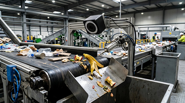 AI production chain and use. Automated Sorting System in a Recycling Facility with Robotic Arm and Camera