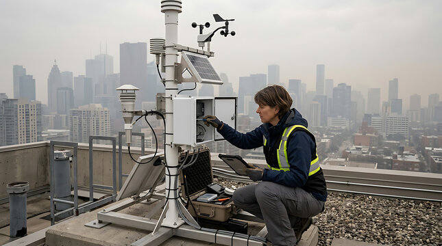 AI production chain and use. Technician calibrates environmental monitoring station on rooftop overlooking hazy city skyline