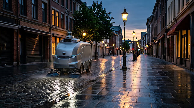 AI production chain and use. Autonomous street cleaning robot operating on a wet cobblestone street at dusk