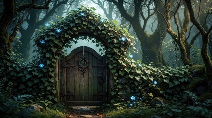 Obraz premium Old wooden gate entwined with ivy and glowing blue flowers opens into a mysterious forest path. Ancient trees form a dense canopy overhead, shrouded in mist.
