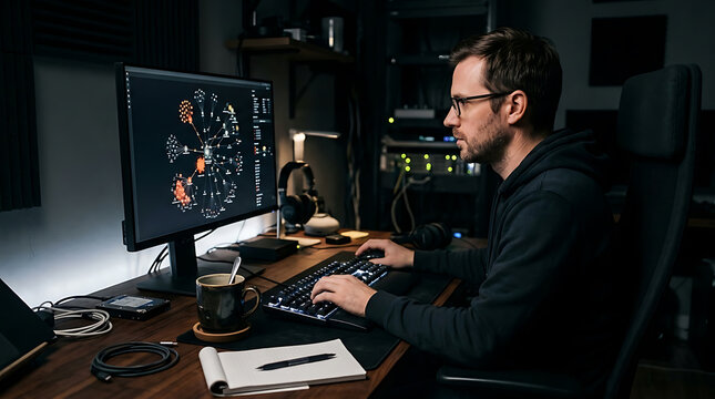 AI production chain and use. Man working on complex data visualization on computer in dark room with server racks