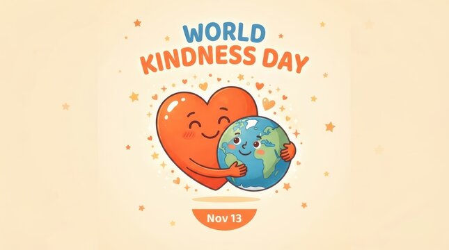 World kindness day illustration with a cute heart hugging the planet earth