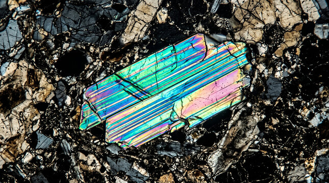 Mineral crystal under polarized light microscopy showing vibrant interference colors