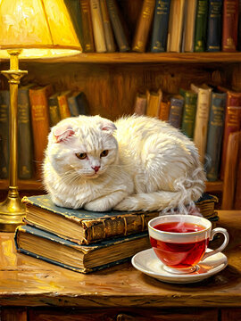 White Cat on Books with Tea and Lamp