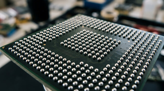 AI production chain and use. Close up of a computer processor with many pins on a circuit board