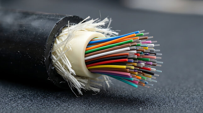 AI production chain and use. Close up of a thick industrial cable with many colorful wires exposed and frayed fibers