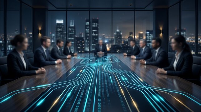 Professional corporate team in dark boardroom meeting using advanced digital technology with glowing circuit board data visualization projected across table for information networking