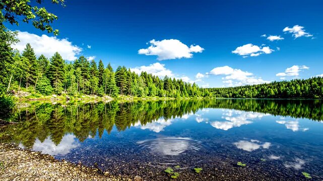 Serene lake reflecting pine trees and white clouds.