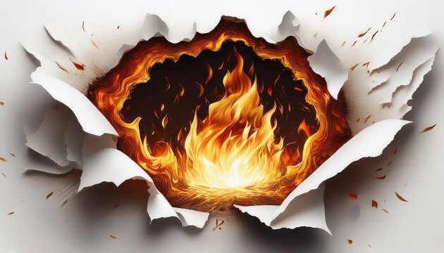 burning paper tearing through a fiery hole revealing intense flames and scorched edges white background