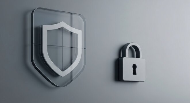 Glass shield and padlock on grey background, symbolizing security and protection