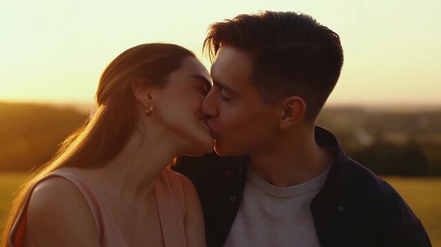 Young man and woman lean close, smile with foreheads touching, then kiss outdoors in warm sunset light, framed in portrait close-up against softly blurred countryside