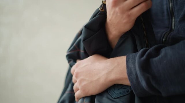 Close up of man holding and adjusting his dark blue jacket with visible stitching details. focus remains on hands fabric texture zipper pull and embroidered patch throughout sequence. Soft